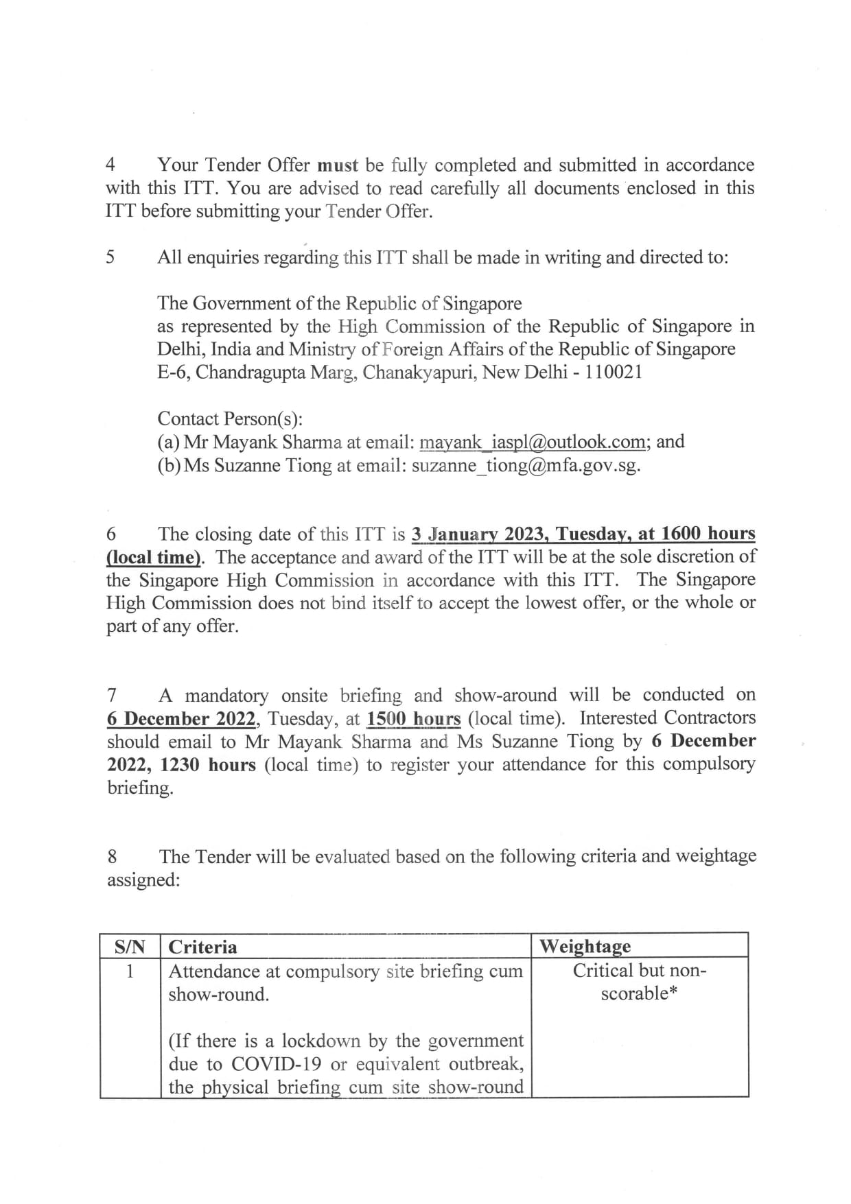 Document excerpt about a tender offer, contact persons, dates, and criteria table.